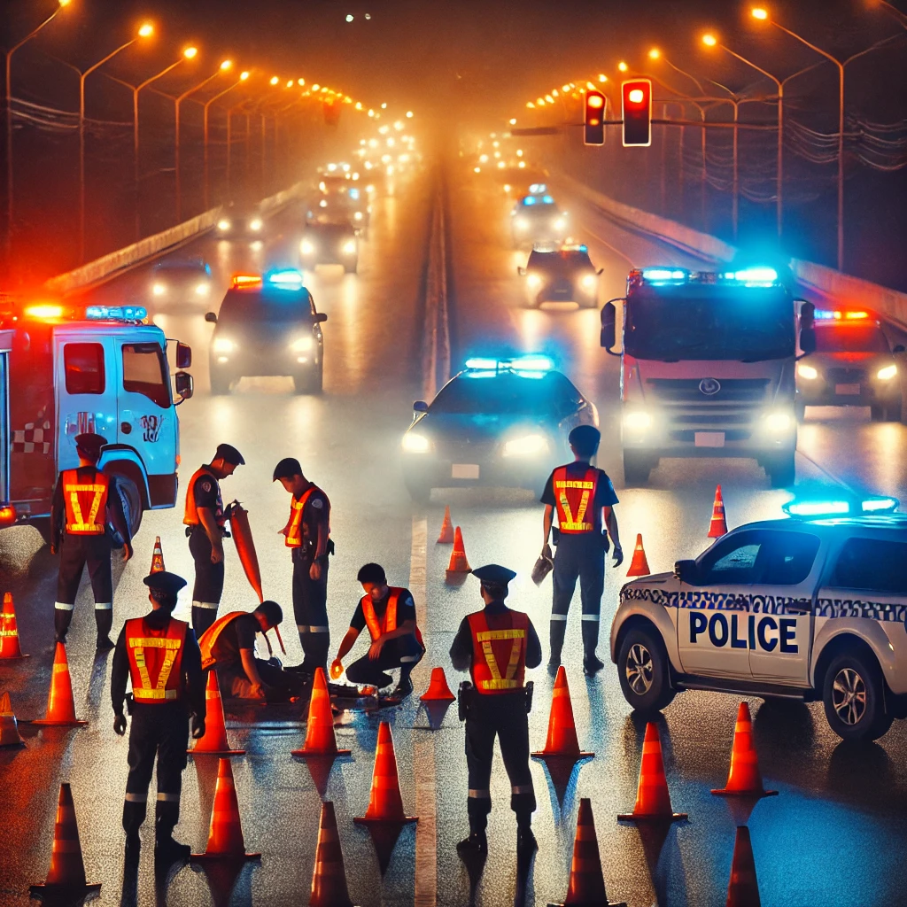 A_nighttime_accident_scene_on_a_busy_road__with_police_officers_marking_the_area_using_bright_orange_traffic_cones__reflective_tape__and_flares._Polic